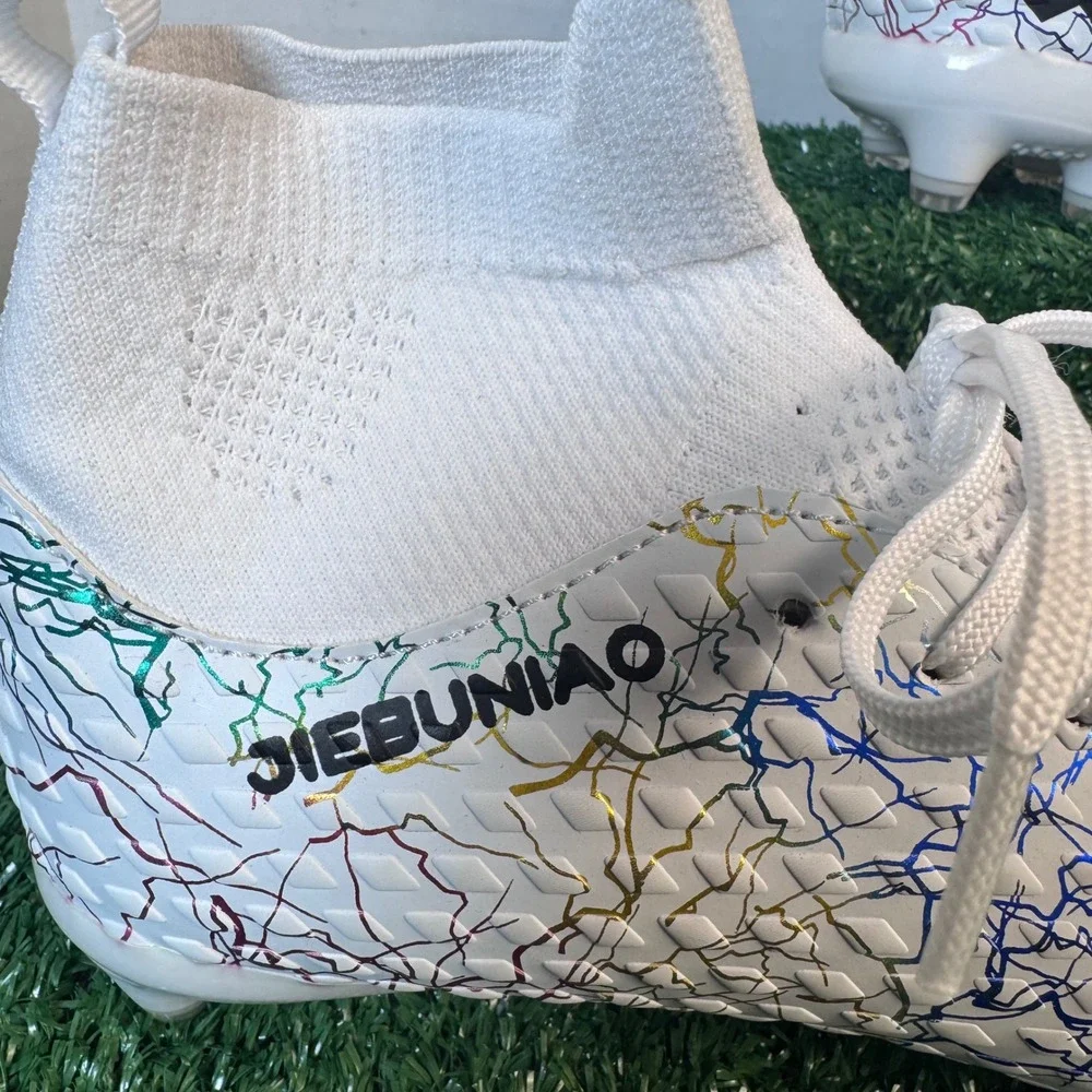 Jiebuniao Kids Soccer Cleats‎ White Rainbow Lightning High Top Athletic Shoes
